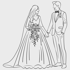 Hand drawn wedding couple sketch of bride and groom, Married couple in doodle line art, Vector illustration isolated on white background design for wedding invitation card