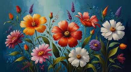 A vibrant painting of flowers on a serene blue background, capturing the beauty of nature in an artistic display.