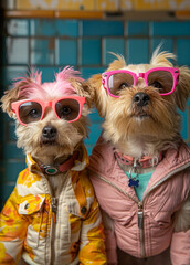 Two dogs wearing pink sunglasses and yellow jacket. Two cute little dogs