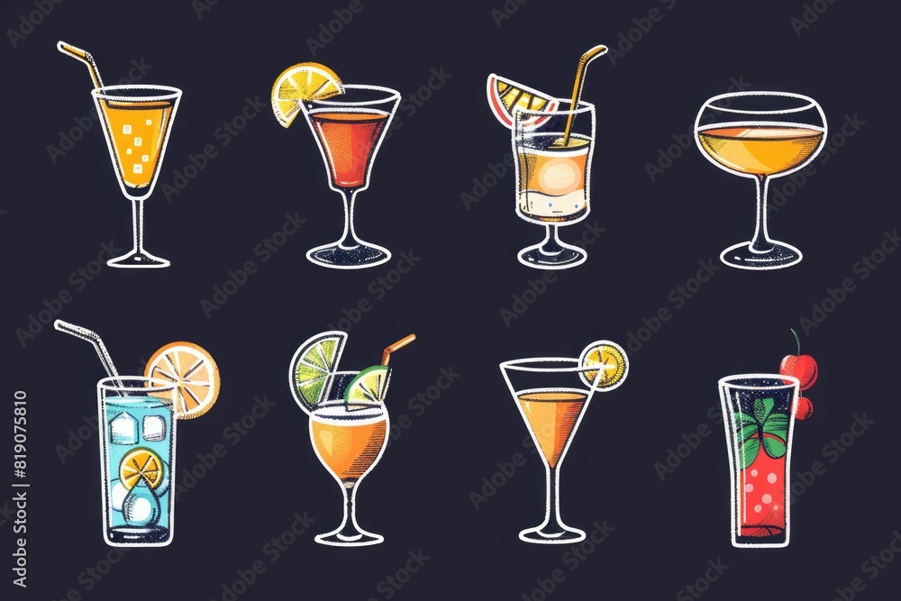 Poster assortment of different beverages on a dark surface. ideal for menu designs or bar promotions