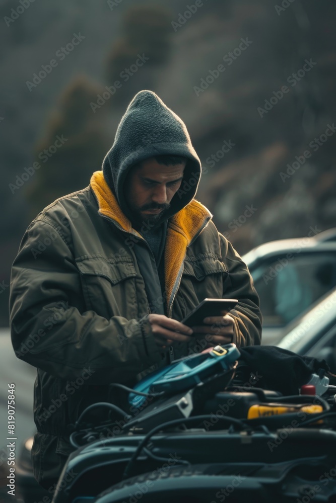 Poster a man in a hooded jacket looking at his cell phone. suitable for technology and communication concep