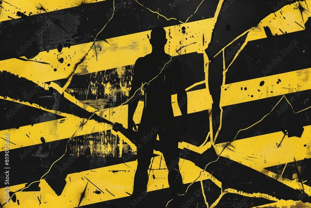 Poster a man standing in front of a yellow and black hazard sign. suitable for safety and warning concepts