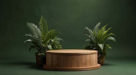 A round wooden podium with plants on a green background.