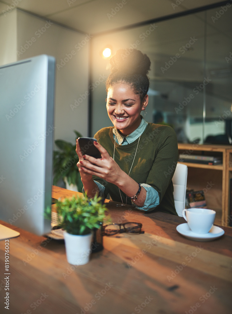 Poster phone, computer and business woman in office with coffee networking on social media, app or internet