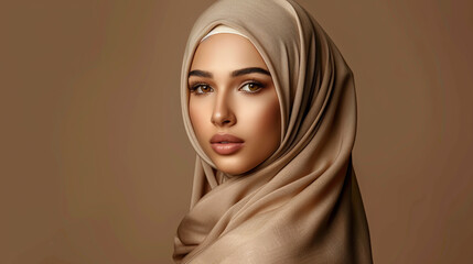 Portrait of a Gorgeous Modern Muslim Woman in a Beige Hijab, Celebrating Natural Beauty