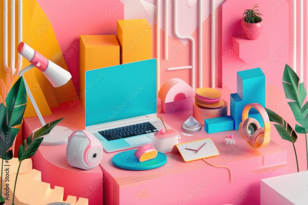 Poster a laptop computer sitting on top of a pink desk. perfect for office or technology concepts