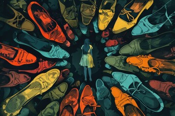A person standing in a circle of shoes, suitable for fashion or footwear concept
