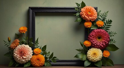 A floral arrangement forming a square frame with a combination of flowers and leaves.