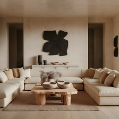 Old barn wood coffee table near fabric sofa. Boho nomadic style interior design of modern living room