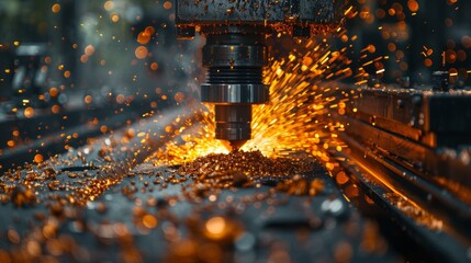 Close-up of CNC machine operation with bright sparks flying around in a workshop.