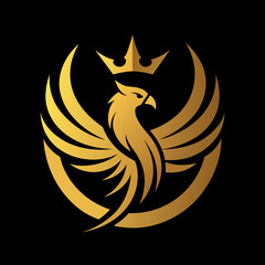 Golden Unique regal golden royal phoenix, crown on head, front full face view, closeup, business Logo Vector, Sphere style, Luxury, premium style logo, elegant vector logo, consistency in each shape, 