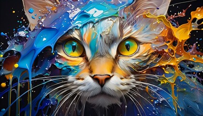 cat in multi-colored oil paints. art concept	