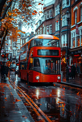 Obraz premium Red double decker bus drives down wet street in autumn.