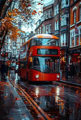 Red double decker bus drives down wet street in autumn.