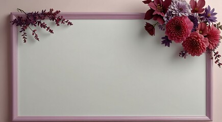 A blank white board surrounded by a pink and purple floral frame.