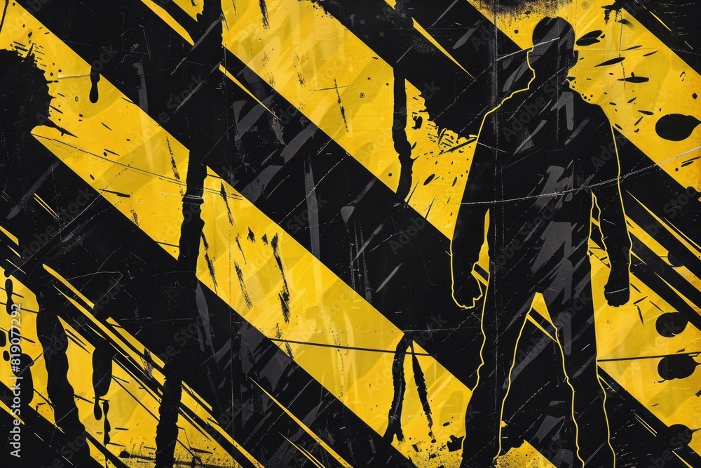 Poster a man standing in front of a yellow and black hazard sign. suitable for safety and warning concepts