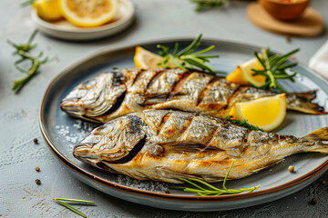 Two fish on a plate with lemon slices and rosemary