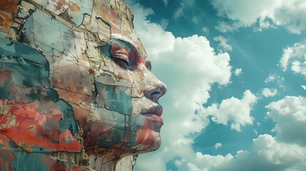 Child's face with a mask, evoking carnival horror and ancient art