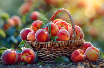 Basket with fresh ripe peaches on the field