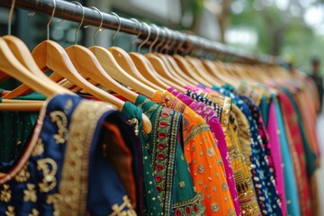 Row of Colorful Indian Sarees on Wooden Rack