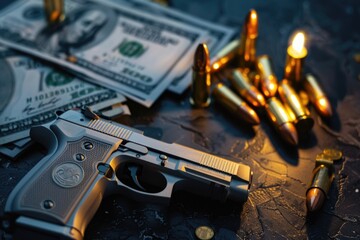 A gun and money placed on a table, suitable for crime or financial themes