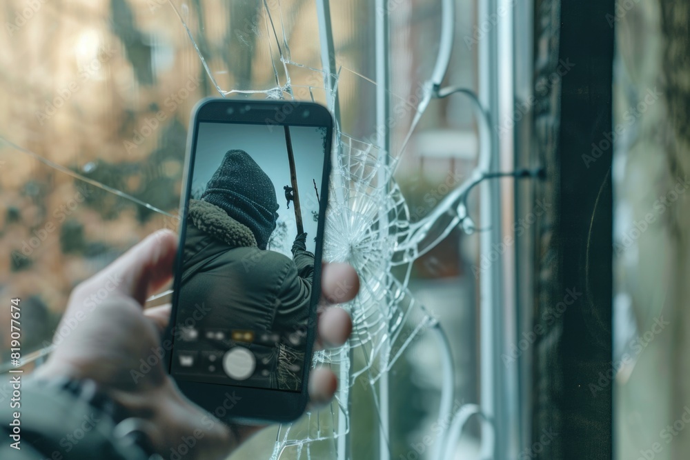 Aufkleber A person holding a cell phone in front of a broken window. Suitable for technology and communication concepts