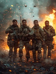 Fototapeta premium A group of soldiers walk through a war zone