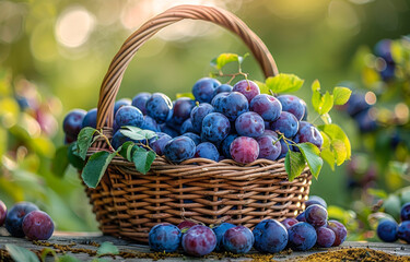 Fresh plums in basket in the garden. A basket full of fresh plums in the garden