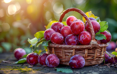Fresh plums in basket. A basket full of fresh plums in the garden