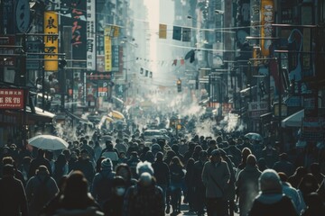 Obraz premium A crowd of people walking down a city street. Suitable for urban lifestyle concepts
