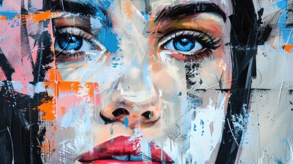 Face of a beautiful girl painted on the wall. Contemporary art collage
