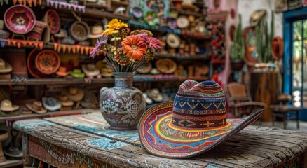 Fototapeta premium Vibrant Mexican Shop With Colorful Pottery and Hat