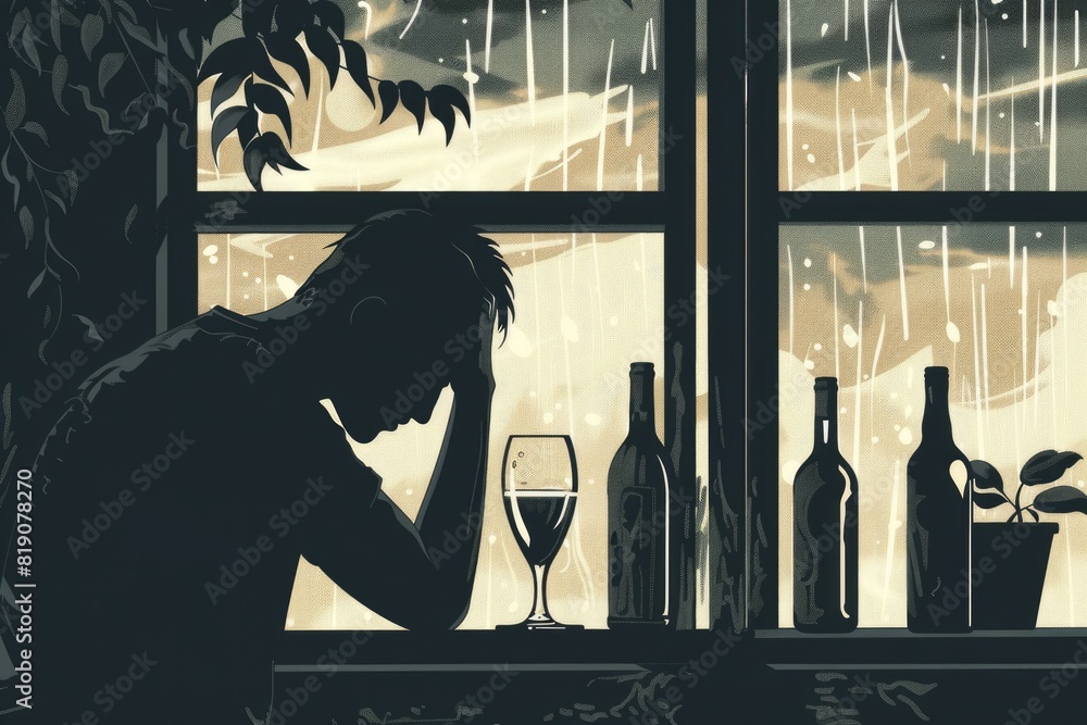 Poster a man enjoying a glass of wine by a window. perfect for lifestyle and relaxation concepts
