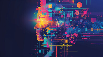 Futuristic AI Head with Vibrant Digital and Technological Elements