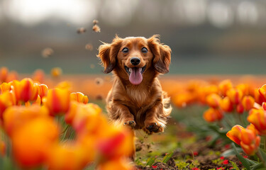 Long haired dachshund running in field of tulips