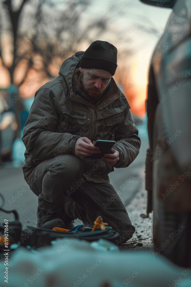 Poster a man squatting on the side of the road looking at his cell phone. suitable for technology and trave