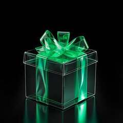 Black gift box with a green bow and ribbon on a black background. A Christmas gift. Black Friday. Sale.