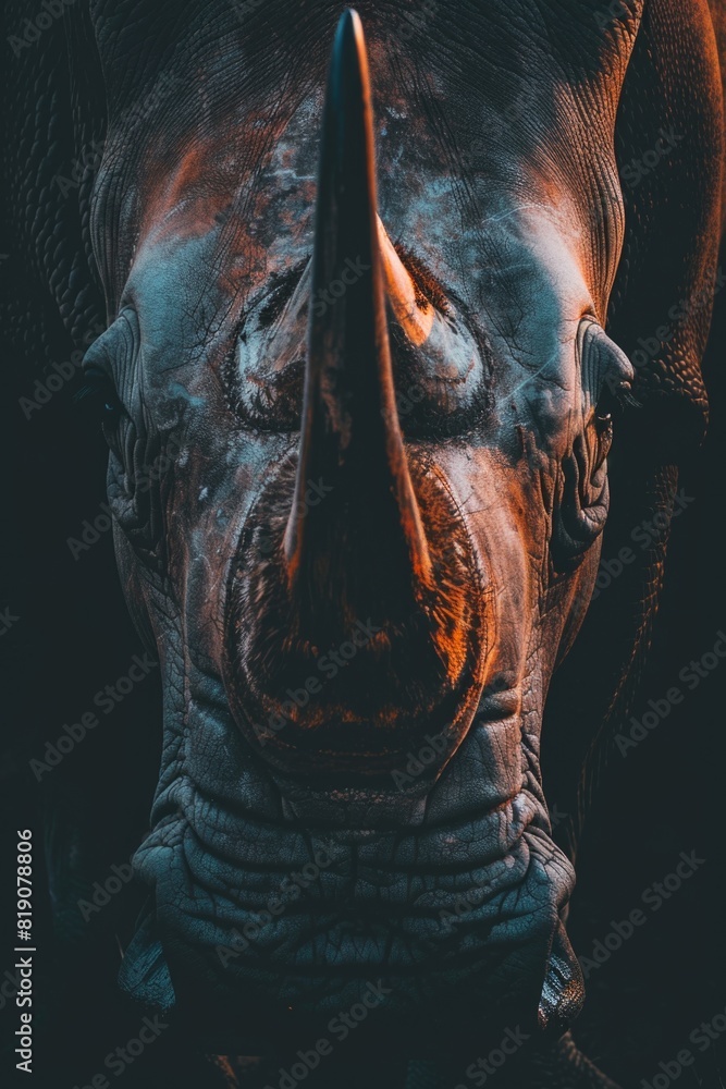 Poster A detailed shot of a rhino in the dark. Suitable for wildlife and conservation themes