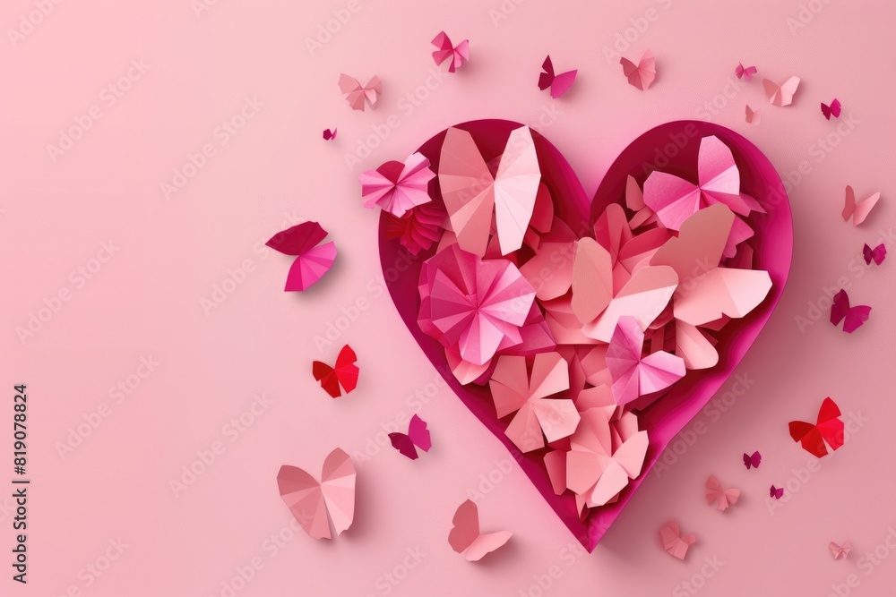 Poster a heart-shaped box filled with delicate paper butterflies. suitable for various romantic occasions