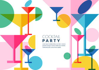 Cocktail party abstract color block geometric white background. Vector flat multicolor margarita drinking glasses illustration. Banner, poster, flyer, bar alcohol list menu design elements