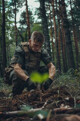 A man kneeling in the woods with a knife, suitable for suspense or crime-themed projects