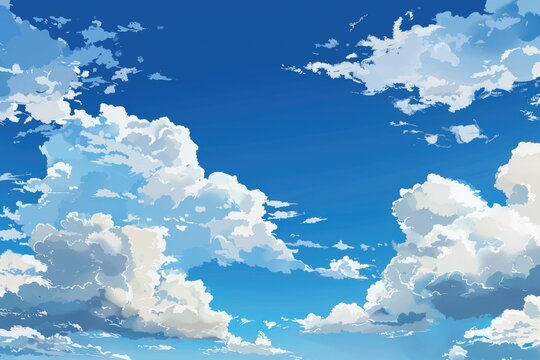 A serene painting of a clear blue sky with fluffy white clouds. Ideal for backgrounds or nature-themed designs