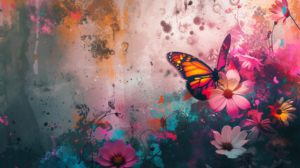 Obraz premium Neon Color Abstract grunge illustration with flowers and butterfly AI Generated