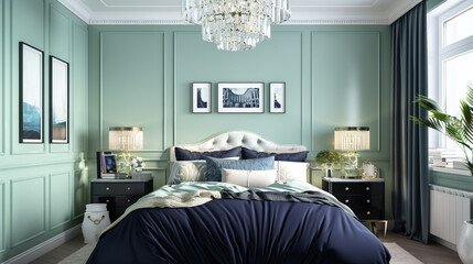 Modern art deco bedroom captured from the front showing a mint green wall, crystal chandelier, and navy blue bedding.