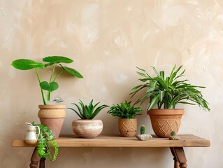 Fototapeta premium Still life with various house plants in pots on a wooden shelf against the beige wall background.