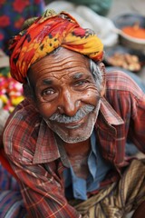Obraz premium A man with a turban on his head and a smile on his face