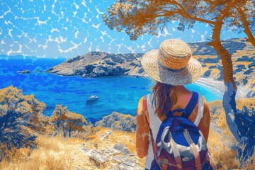 Woman in hat looking out at the ocean, suitable for travel brochures