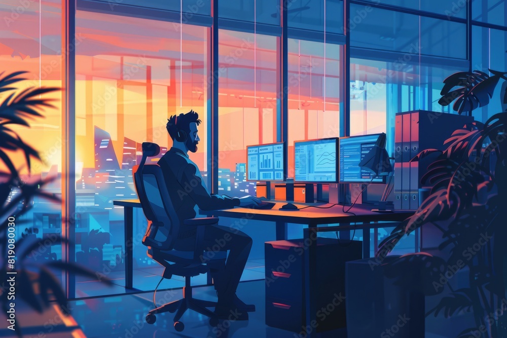 Leinwandbilder a man sitting at a desk in front of a computer. suitable for business and technology concepts