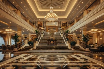 Interior of a hotel lobby. Luxury hotel lobby interior. A big and luxurious hotel lobby interior with beautiful chandeliers and a grand staircase - Powered by Adobe