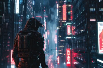 A man standing in the rain in a city at night. Ideal for urban and weather-related concepts